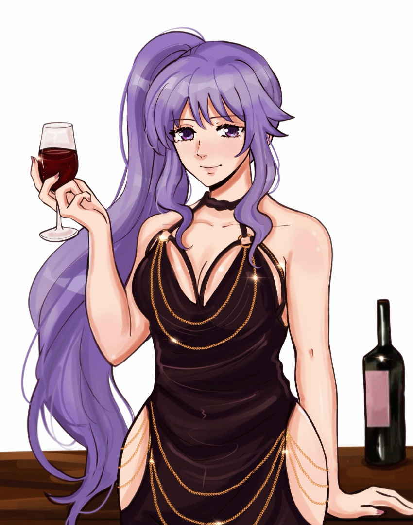 1girl absurdres alcohol black_dress bottle commission commissioner_upload cup dress drinking_glass fire_emblem highres holding holding_cup hunnymzdraws ishtar_(fire_emblem) jewelry long_hair purple_eyes purple_hair side_ponytail table wine wine_bottle wine_glass