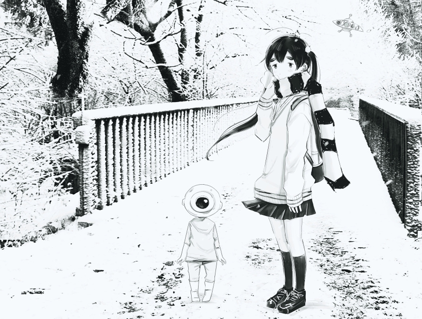 1girl 1other absurdres arm_at_side breath bridge covered_mouth dead_dead_demons_de_dedede_destruction floating_hair forest full_body greyscale hair_between_eyes highres hos1_i kneehighs legs_together loafers long_hair looking_at_viewer miniskirt monochrome nakagawa_ouran nature outdoors pleated_skirt scarf scenery school_uniform shoes sidelocks skirt sleeves_past_wrists snow snowing socks striped_clothes striped_scarf sweater thick_eyebrows tree twintails v-neck