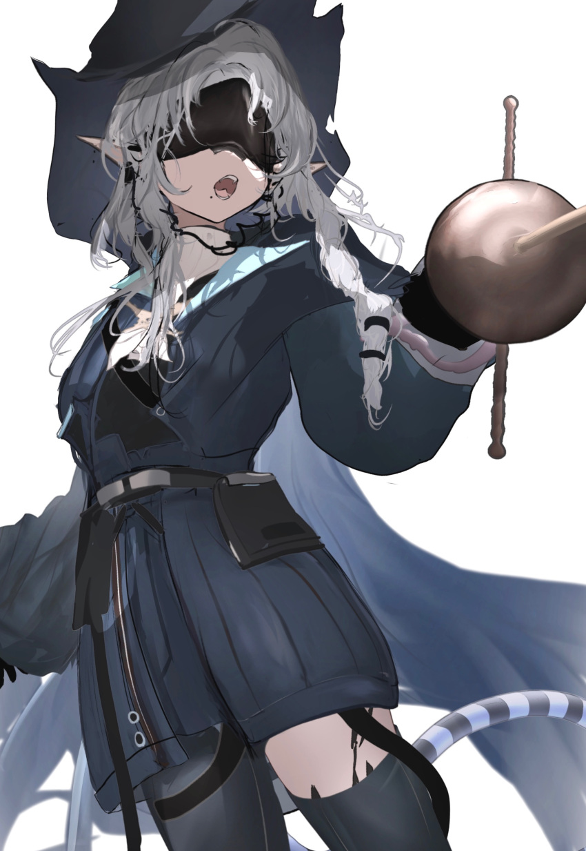 1girl absurdres arknights black_gloves blue_coat braid cape coat cowboy_shot fangs fighting_stance gloves grey_hair hat head-mounted_display headset highres holding holding_sword holding_weapon long_sleeves material_growth mebe_(teadia_violet) medium_hair mole mole_under_mouth open_mouth oripathy_lesion_(arknights) pointy_ears pouch rapier simple_background single_braid single_leg_pantyhose single_thighhigh snake_tail solo standing sword tail thighhighs tulip_(arknights) weapon white_background