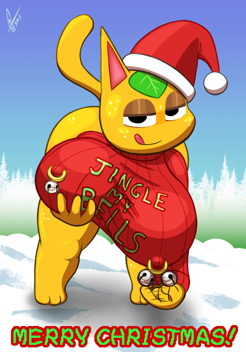 animal_crossing anthro bell big_breasts black_eyes bottomless breasts christmas christmas_clothing christmas_headwear clothed clothing domestic_cat felid feline felis female fur hat headgear headwear hi_res holding_breast holidays huge_breasts leaf licking licking_lips licking_own_lips looking_at_viewer mammal nintendo nipple_outline nipple_piercing nipple_ring nipples orange_body orange_fur piercing red_clothing red_hat red_headwear red_sweater red_topwear ring_piercing santa_hat smile snow solo supermoonshroom sweater tangy_(animal_crossing) text text_on_clothing text_on_topwear thick_thighs tongue tongue_out topwear wide_hips