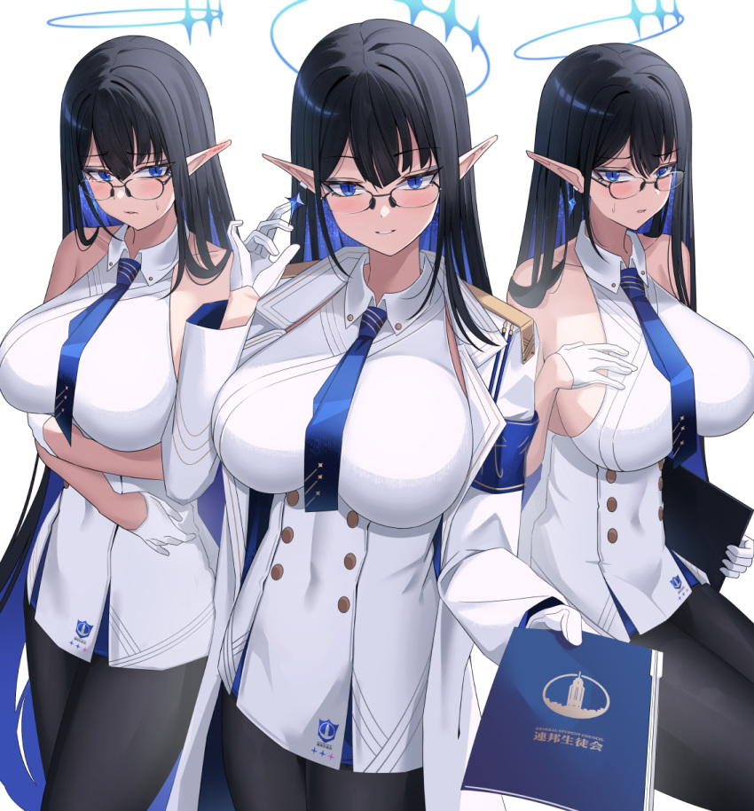 1girl black_hair black_pantyhose blue_archive blue_eyes blue_hair blue_halo blue_necktie blush breasts colored_inner_hair giga-tera glasses gloves halo highres large_breasts long_hair long_sleeves multicolored_hair multiple_views necktie open_mouth pantyhose pointy_ears rin_(blue_archive) sideboob simple_background white_background white_gloves