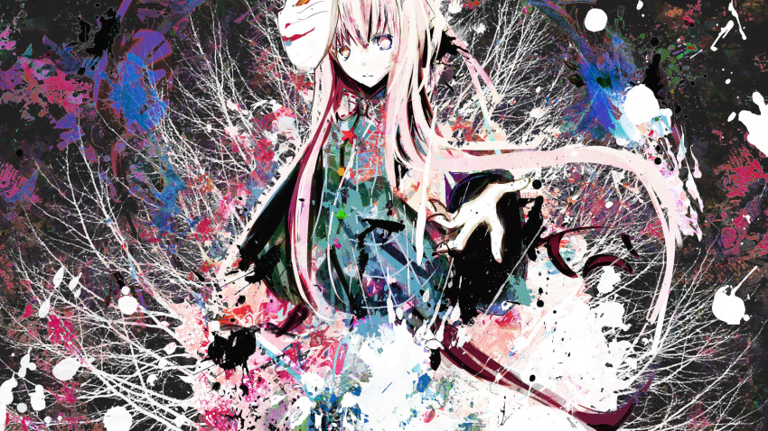 1girl abstract_background album_cover cover expressionless hata_no_kokoro highres long_hair looking_at_viewer mask mask_on_head multicolored_shirt noh_mask pink_eyes pink_hair reaching reaching_towards_viewer ruuya_higashino solo takamachi_walk touhou very_long_hair wide_sleeves