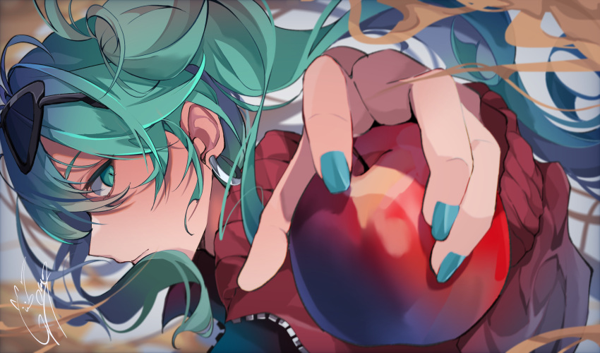 1girl :| apple aqua_nails closed_mouth collarbone dust earrings eyewear_on_head floating_hair food fruit goma_irasuto green_eyes green_hair hair_between_eyes hatsune_miku highres holding holding_food holding_fruit jacket jewelry long_bangs long_hair long_sleeves looking_at_viewer nail_polish open_clothes open_jacket red_jacket shade shirt sleeve_cuffs solo suna_no_wakusei_(vocaloid) sunglasses twintails upper_body vocaloid white_shirt