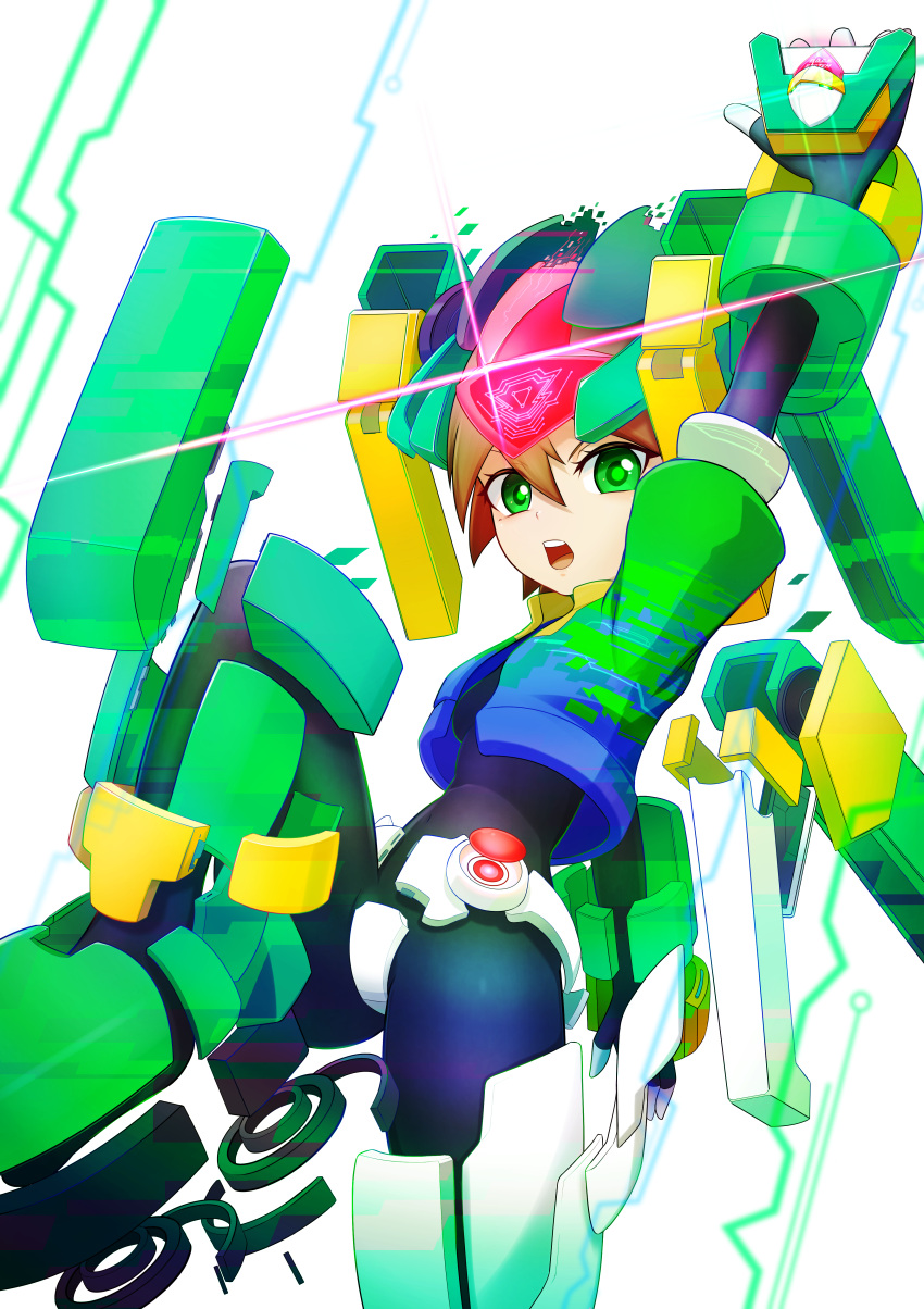 1girl absurdres aile_(mega_man_zx) arm_up biometal black_bodysuit blue_jacket bodysuit breasts brown_hair crop_top cropped_jacket crotch_plate forehead_jewel glint glowing green_eyes green_jacket guchagucha helmet henshin henshin_pose highres holding jacket leg_up medium_breasts mega_man_(series) mega_man_x_(series) mega_man_x_dive mega_man_zx model_h_(mega_man) model_hx_(mega_man) open_clothes open_jacket short_hair skin_tight transformation white_background