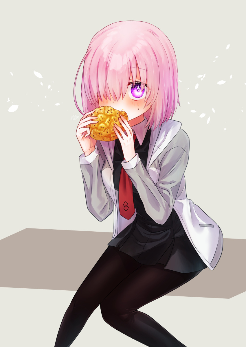 1girl absurdres black_dress black_pantyhose blush bread dress eating fate/grand_order fate_(series) food grey_sleeves hair_over_one_eye harukappa highres holding holding_food hood hood_down hooded_jacket jacket long_hair long_sleeves looking_at_viewer mash_kyrielight melon_bread necktie open_clothes open_jacket pantyhose pink_eyes pink_hair pleated_dress raglan_sleeves red_necktie short_dress sitting solo straight_hair sweatdrop white_jacket wing_collar