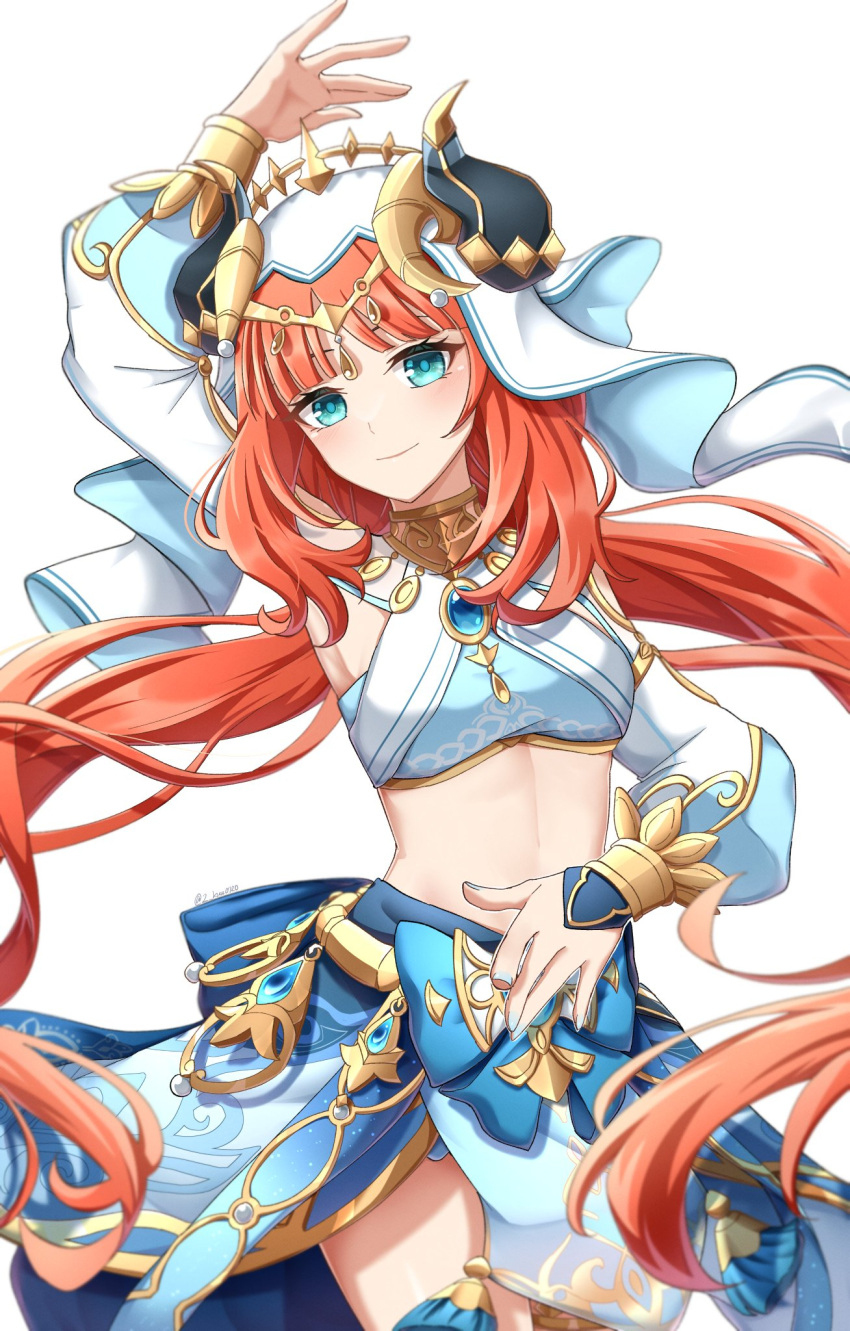 1girl arm_up armpits blue_eyes blue_nails blue_skirt brooch commentary_request cowboy_shot crop_top fake_horns genshin_impact highres horns jewelry long_hair long_sleeves midriff nail_polish neck_ring nilou_(genshin_impact) red_hair simple_background skirt solo stomach thighs veil very_long_hair white_background zack_(z_kuu0720)