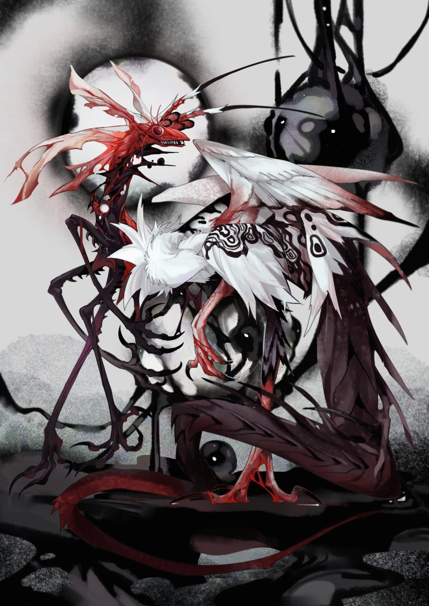 abstract_background absurdres animal_focus antennae arthropod_limbs claws commentary deepsea9013 english_commentary feathered_wings from_side full_body highres monster multiple_legs no_humans original red_eyes red_pupils sharp_teeth solo tail teeth wings