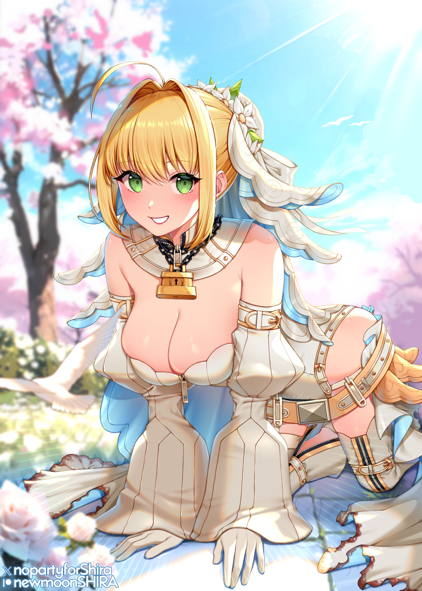 1girl absurdres ahoge belt blonde_hair bodysuit breasts bridal_veil chain cherry_blossoms cleavage detached_sleeves fate/extra fate/extra_ccc fate/grand_order fate_(series) flower_wreath full-length_zipper gloves green_eyes hair_intakes head_wreath highres large_breasts leotard lock looking_at_viewer nero_claudius_(bride)_(fate) nero_claudius_(fate) newmoonshira padlock padlocked_collar smile solo veil white_bodysuit white_gloves white_leotard white_sleeves zipper