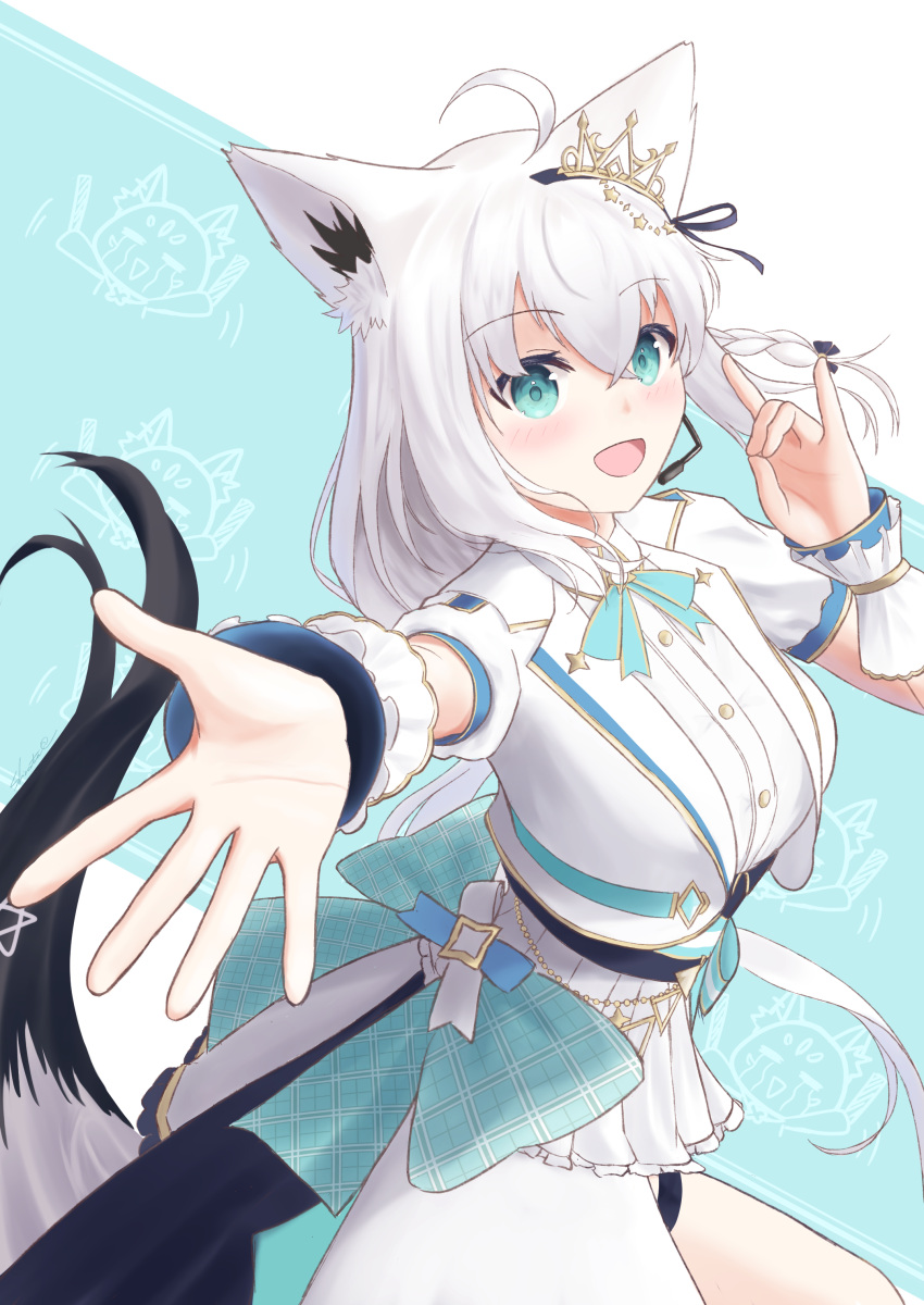 1girl :d absurdres ahoge animal_ear_fluff animal_ears aqua_background aqua_bow aqua_bowtie aqua_eyes aqua_sash blue_ribbon blush bow bowtie braid breasts collared_shirt commentary_request fox_ears fox_girl fox_shadow_puppet fox_tail frilled_skirt frills hair_ribbon hand_up highres hololive idol idol_clothes jacket lapels long_hair looking_at_viewer low_ponytail medium_breasts microphone miniskirt notched_lapels official_alternate_costume open_clothes open_jacket open_mouth outstretched_arm outstretched_hand pentagram puffy_short_sleeves puffy_sleeves reaching reaching_towards_viewer ribbon shirakami_fubuki shirata98 shirt short_sleeves side_braid sidelocks skirt smile solo sukonbu_(shirakami_fubuki) tail thigh_strap tiara two-tone_background virtual_youtuber white_background white_hair white_jacket white_shirt white_skirt white_wrist_cuffs wrist_cuffs