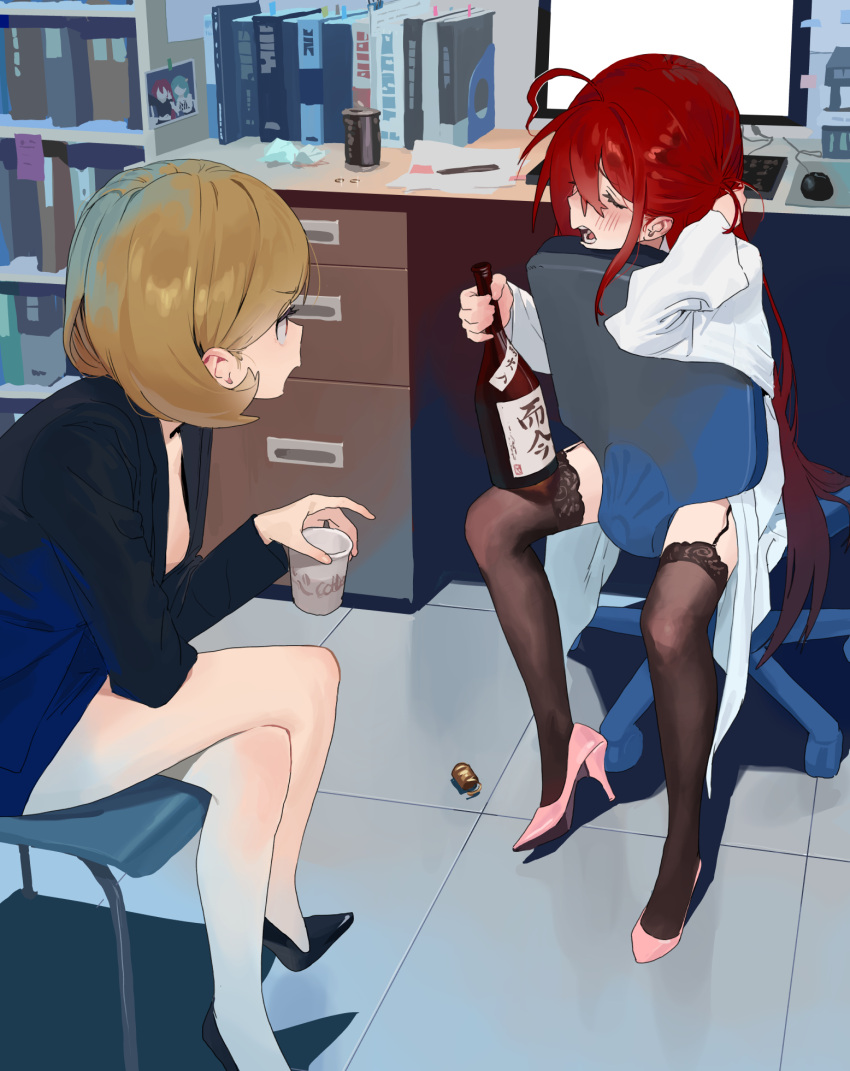 2girls ahoge black_footwear black_suit black_thighhighs blonde_hair book bookshelf bottle breasts can chair cleavage closed_eyes computer crossed_legs dress_suit hair_between_eyes high_heels highres hipa_(some1else45) keyboard_(computer) lab_coat long_hair medium_hair mouse_(computer) multiple_girls office office_chair open_mouth original paper pen photo_(object) pink_footwear red_eyes red_hair sake_bottle sekoshi_(some1else45) sidelocks sitting sitting_backwards some1else45 stiletto_heels suit swivel_chair thighhighs tile_floor tiles very_long_hair