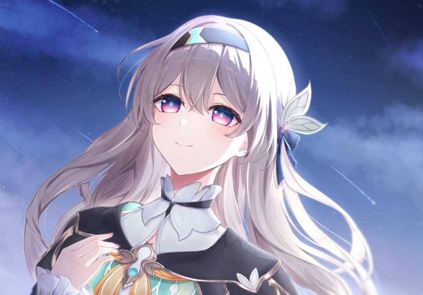 1girl black_jacket commentary_request firefly_(honkai:_star_rail) grey_hair grey_hairband hairband hanamoti_monawa highres honkai:_star_rail honkai_(series) jacket long_hair night night_sky outdoors purple_eyes shooting_star sky solo upper_body very_long_hair