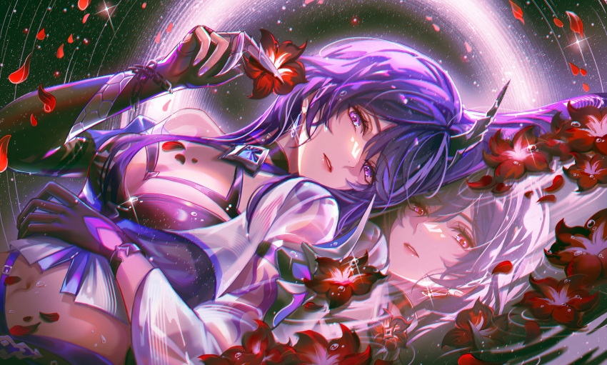 1girl acheron_(honkai:_star_rail) black_gloves breasts commentary flower gloves highres holding holding_flower honkai:_star_rail honkai_(series) jessica_wijaya looking_at_viewer medium_breasts midriff navel parted_lips purple_eyes purple_hair red_flower reflection single_bare_shoulder upper_body