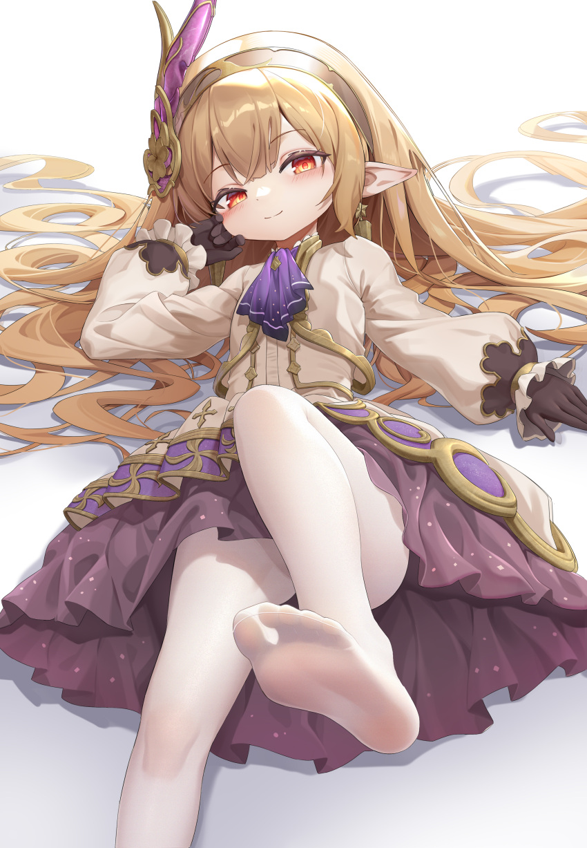 1girl absurdres ascot black_gloves blush brown_hair brown_hairband dress earrings feet foot_focus fujiko_sugi gloves granblue_fantasy granblue_fantasy:_relink hair_ornament hairband harvin highres jewelry long_hair looking_at_viewer maglielle_(granblue_fantasy:_relink) no_shoes pantyhose petite pointy_ears purple_ascot red_eyes simple_background smile socks soles solo thighs toes very_long_hair white_dress white_pantyhose white_socks