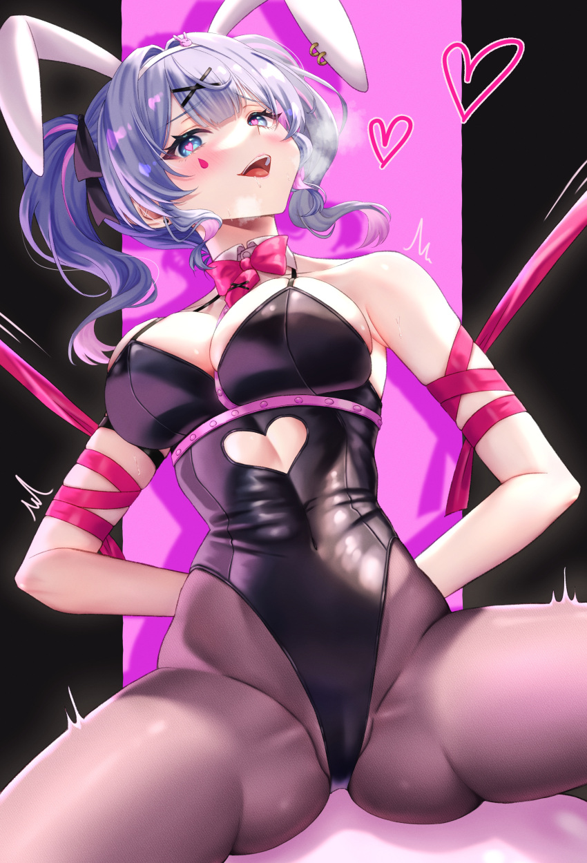 1girl absurdres animal_ears arms_behind_back bare_shoulders black_leotard blue_eyes blue_hair blush bound bow bowtie breasts clothing_cutout collarbone covered_navel cowboy_shot cutout_above_navel detached_collar drooling e_(vocaloid) hair_ornament hairband hatsune_miku heart heart-shaped_pupils heart_cutout highleg highleg_leotard highres large_breasts leotard looking_at_viewer mary_is_mine medium_hair multicolored_hair necktie open_mouth pantyhose pink_background pink_bow pink_bowtie pink_hair pink_necktie pink_ribbon rabbit_ears rabbit_hair_ornament revealing_clothes ribbon solo spaghetti_strap streaked_hair symbol-shaped_pupils teardrop_facial_mark teeth tied_up_(nonsexual) tongue twintails twitching upper_teeth_only vocaloid white_hairband x_hair_ornament