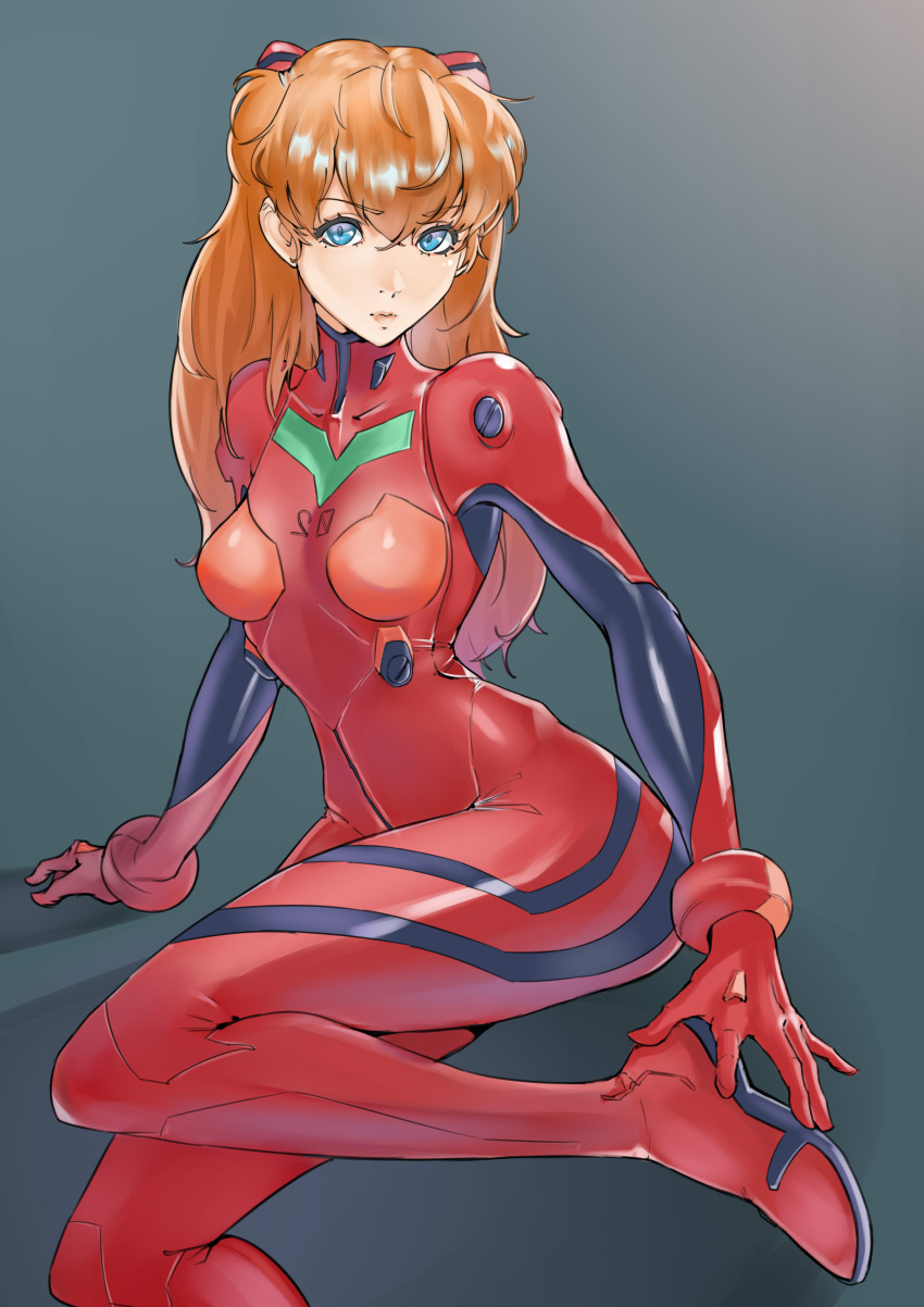 absurdres arm_support blue_eyes bodysuit gradient_background grey_background hand_on_own_foot highres interface_headset juaag_acgy long_hair looking_at_viewer neon_genesis_evangelion pilot_suit plugsuit red_bodysuit red_hair sitting souryuu_asuka_langley