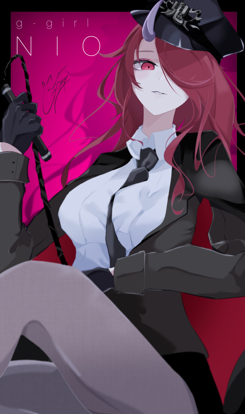 1girl black_necktie blush breasts english_text goma_irasuto hat highres holding holding_whip horns long_hair looking_at_viewer necktie oni original pink_hair red_hair signature single_horn smile solo whip