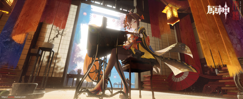 1girl absurdres ame999 architecture chair chiori_(genshin_impact) curly_hair day east_asian_architecture frilled_gloves frills full_body genshin_impact gloves hair_bun high_heels highres indoors japanese_clothes kimono long_hair sewing sitting thighhighs