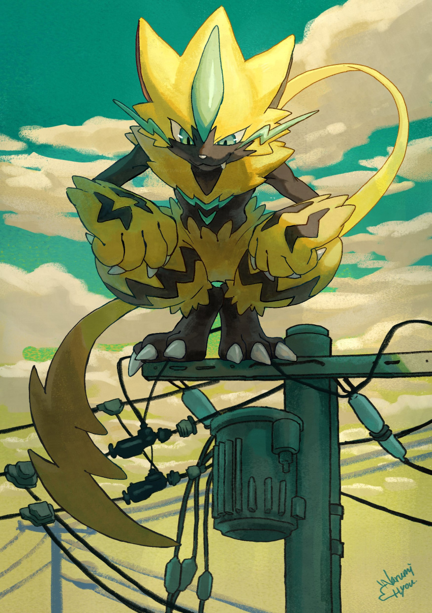 absurdres black_fur blue_sky claws closed_mouth cloud commentary_request fang highres narumi_hyou pokemon pokemon_(creature) power_lines sky smile squatting tail two-tone_fur yellow_fur zeraora