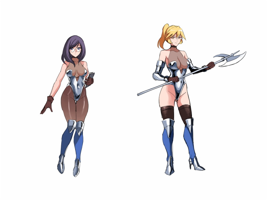 2girls armor armpits ass_visible_through_thighs axe bikini_armor blonde_hair blue_eyes blue_footwear bodystocking book boots breasts choker cleavage glasses gloves grey_eyes high_heel_boots high_heels large_breasts leotard long_hair medium_hair multiple_girls original ponytail purple_eyes reference_sheet sketch smile thick_thighs thighs uns_(sdsxsoverlord)