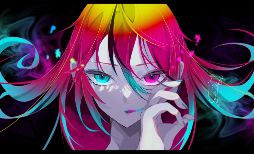 1girl aqua_eyes aqua_hair blonde_hair close-up fingernails goma_irasuto gradient_hair hair_between_eyes heterochromia highres looking_at_viewer multicolored_eyes multicolored_hair multicolored_lips nail_polish original pink_eyes pink_hair red_eyes signature upper_body