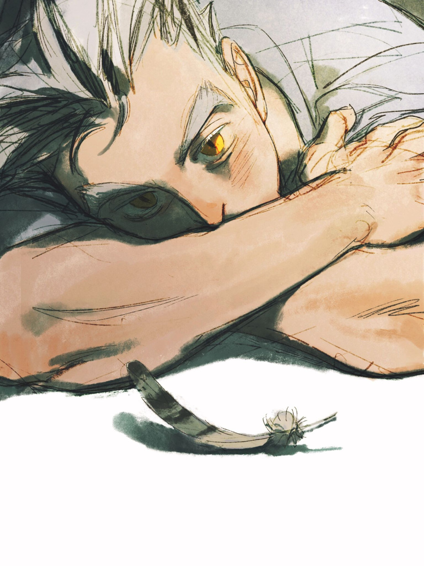 1boy bokuto_koutarou chengongzi123 colored_eyelashes commentary crossed_arms feathers grey_feathers grey_hair grey_shirt haikyuu!! highres looking_at_viewer lying male_focus on_stomach shadow shirt short_hair slit_pupils symbol-only_commentary thick_eyebrows upper_body very_short_hair white_background yellow_eyes