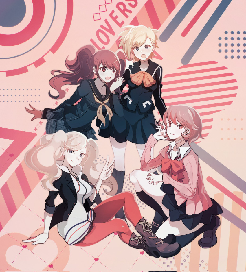 4girls ankle_boots arm_support black_jacket black_sailor_collar black_skirt black_socks blonde_hair blue_eyes boots bow bowtie brown_footwear brown_hair cardigan choker closed_mouth collared_shirt earrings full_body gekkoukan_high_school_uniform hand_up heart heart_choker highres hinaji21 hood hood_down hoodie jacket jewelry kneehighs kujikawa_rise leaning_forward lisa_silverman long_hair long_sleeves looking_at_viewer multiple_girls neckerchief on_one_knee open_clothes open_jacket open_mouth pantyhose persona persona_2 persona_3 persona_4 persona_5 pink_cardigan pleated_skirt red_bow red_bowtie red_pantyhose sailor_collar school_uniform seven_sisters_high_school_uniform shirt short_hair shuujin_academy_school_uniform sitting skirt smile socks standing stud_earrings takamaki_anne takeba_yukari tarot the_lovers_(tarot) turtleneck twintails v white_choker white_hoodie white_shirt yasogami_school_uniform yellow_neckerchief