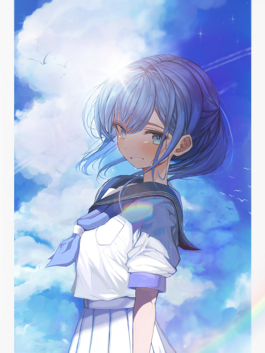 1girl :d arms_at_sides belt black_sailor_collar blue_eyes blue_hair blue_neckerchief blue_sky blush cloud contrail cowboy_shot crying crying_with_eyes_open cumulonimbus_cloud floating_hair grin hair_between_eyes highres hololive hoshimachi_suisei kokutamotsu looking_at_viewer neckerchief open_mouth pillarboxed pleated_skirt sailor_collar shirt short_hair short_sleeves sidelocks simple_bird skirt sky smile solo sparkle streaming_tears tears teeth virtual_youtuber white_belt white_shirt white_skirt