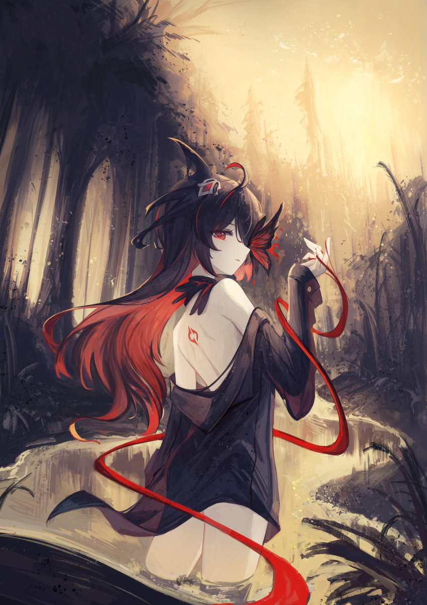 1girl absurdres ahoge bare_back bare_shoulders black_hair black_jacket bug butterfly commentary_request darkworldsss forest hair_ornament hair_over_one_eye hand_up highres honkai_(series) honkai_impact_3rd jacket long_hair long_sleeves looking_at_viewer looking_back multicolored_hair naked_jacket nature open_clothes open_jacket outdoors parted_lips red_eyes red_hair seele_(alter_ego) seele_vollerei solo standing tree two-tone_hair very_long_hair wading water