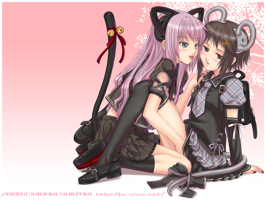 2girls animal_ears bell blush brown_hair cat_ears chinese_zodiac copyright_request gothic hair_ornament hairclip highres mouse_ears multiple_girls necktie new_year purple_hair ribbon shiizaki_hinaki tail year_of_the_rat yuri