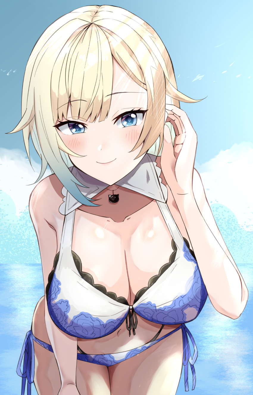 1girl aizawa_ema aizawa_ema_(summer_c102) bent_over bikini blonde_hair blue_bikini blue_eyes blue_hair blush breasts cat_necklace cleavage closed_mouth cloud front-tie_bikini_top front-tie_top gradient_hair highres keikesu lace-trimmed_bikini lace_trim large_breasts long_hair looking_at_viewer multi-strapped_bikini_bottom multicolored_hair navel ocean seductive_smile side-tie_bikini_bottom sky smile solo swimsuit tucking_hair virtual_youtuber vspo! water white_bikini