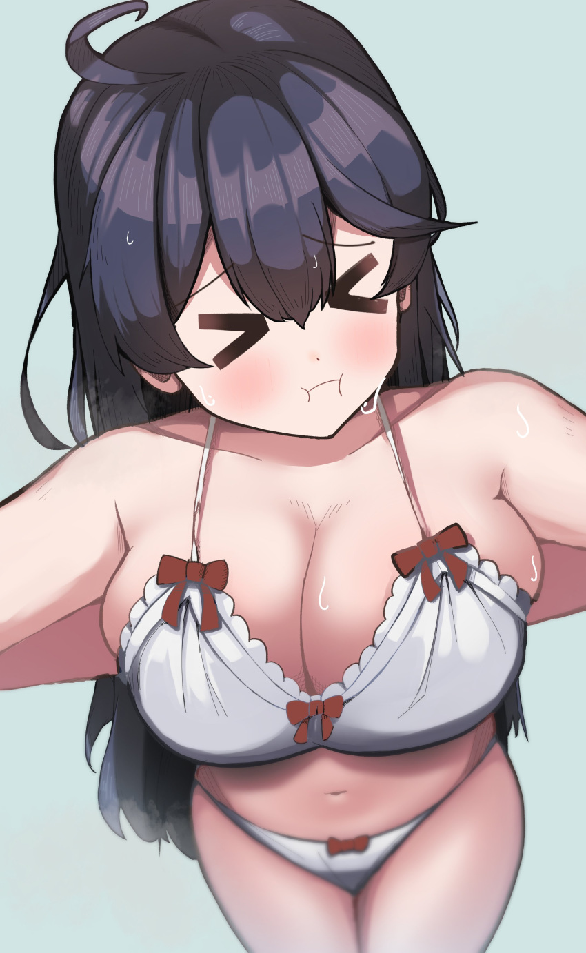 &gt;_&lt; 1girl absurdres ahoge black_hair blue_background bra breasts cleavage cowboy_shot frilled_bra frills from_above highres kantai_collection komakusa_roha large_breasts long_hair panties pout solo underwear ushio_(kancolle) white_bra white_panties