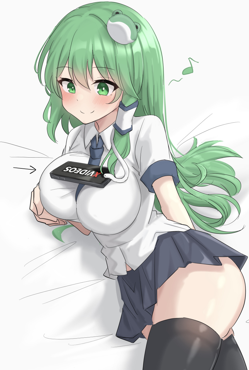 1girl absurdres arm_behind_back arrow_(symbol) between_breasts black_skirt black_thighhighs blue_necktie blush breast_hold breasts bright_pupils cellphone closed_mouth collared_shirt commentary_request cowboy_shot curvy frog_hair_ornament green_eyes green_hair hair_between_eyes hair_ornament hair_spread_out highres impossible_clothes kochiya_sanae large_breasts long_hair looking_down lying miniskirt musical_note necktie necktie_between_breasts on_side phone pleated_skirt school_uniform shirt short_sleeves simple_background single_hair_tube skirt smartphone smile snake_hair_ornament solo split_mouth thighhighs thighs touhou tsurime white_background white_pupils white_shirt xvideos youmu-kun zettai_ryouiki