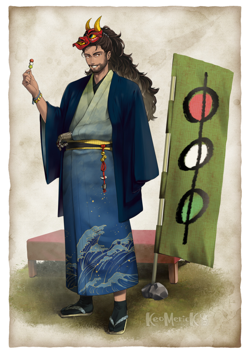 1boy arm_out_of_sleeve artist_name banner beard bench black_socks blue_kimono brown_background brown_eyes curly_hair dango dark-skinned_male dark_skin facial_hair food full_body grass grin hand_up haori high_ponytail highres holding holding_food indian japanese_clothes kimono long_hair looking_at_viewer male_focus mask mask_on_head mature_male mechanical_arms merick nobori oni_mask paper_texture prosthesis prosthetic_arm reverse:1999 sandals sanshoku_dango shamane single_mechanical_arm smile socks solo tabi teeth wagashi watermark wave_print wide_sleeves zouri