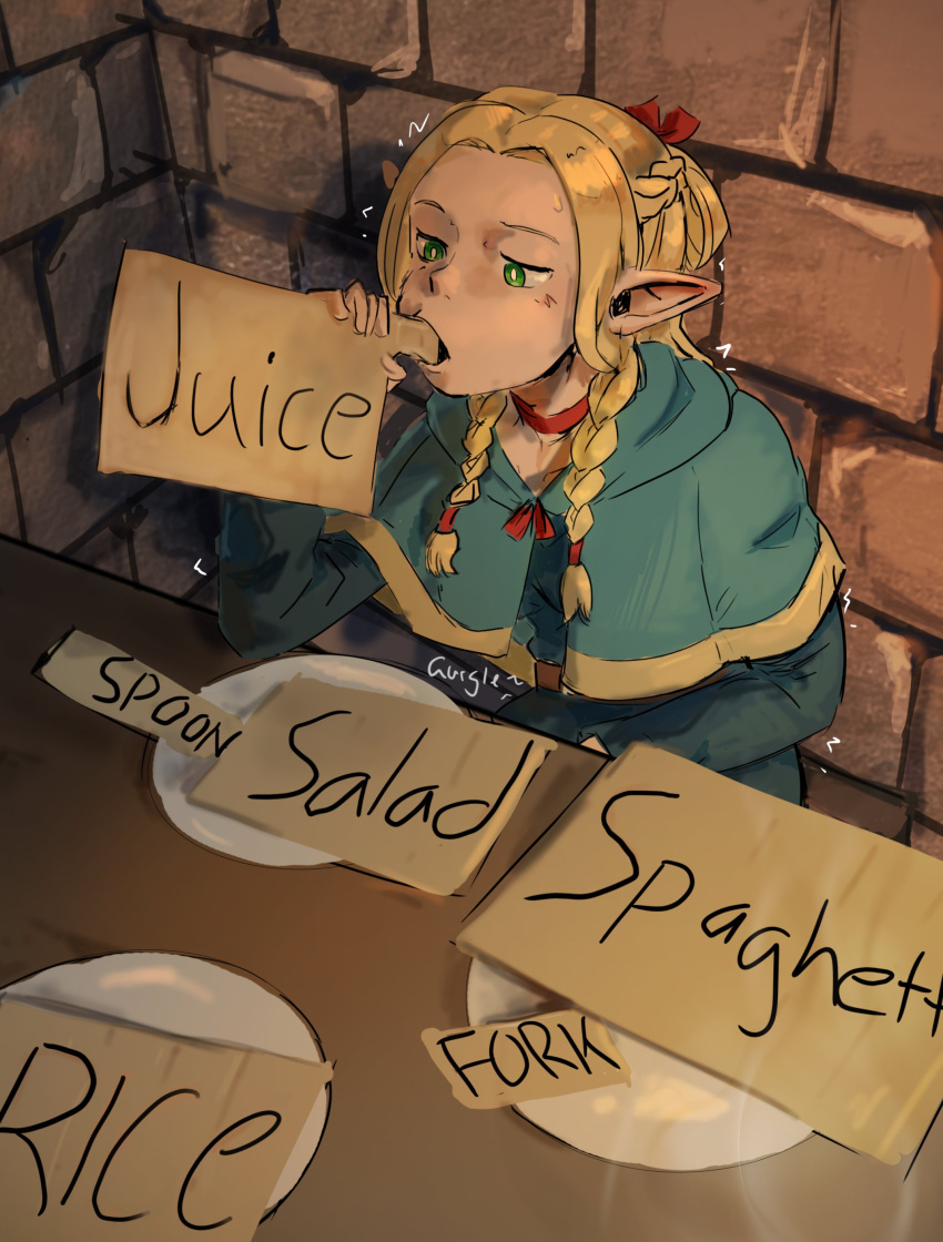 1girl absurdres blonde_hair blue_capelet braid capelet cardboard choker commentary dungeon_meshi eating elf english_commentary english_text green_eyes highres holding indoors liamickpie long_hair long_sleeves marcille_donato plate pointy_ears red_choker sitting solo stone_wall table upper_body