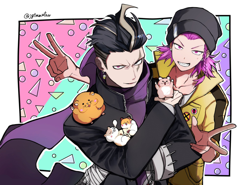 2boys animal bandaged_arm bandages black_coat black_hair black_headwear braid cham-p coat collarbone danganronpa_(series) danganronpa_2:_goodbye_despair grey_hair grin hamster highres jum-p maga-g male_focus mo_cho multicolored_background multiple_boys outline pink_hair pink_scarf scarf sharp_teeth short_hair side_braid sleeping smile soda_kazuichi sun-d tanaka_gundham teeth v white_outline