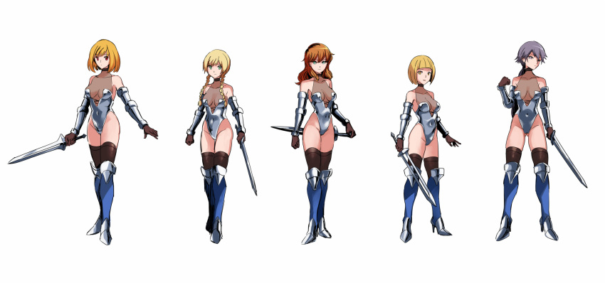 5girls armor armpits ass_visible_through_thighs bikini_armor blonde_hair blue_eyes blue_footwear boots braid breasts choker cleavage gloves grey_eyes grey_hair high_heel_boots high_heels highres large_breasts leotard long_hair multiple_girls original red_eyes reference_sheet short_hair sketch smile thick_thighs thighs twin_braids uns_(sdsxsoverlord)