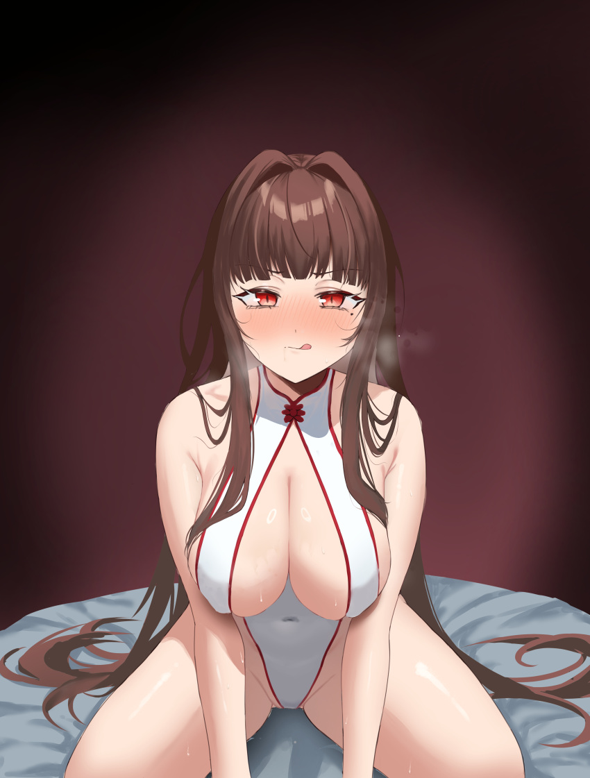 1girl absurdres bare_shoulders blush breasts brown_hair center_opening cleavage closed_mouth commentary copyright_request covered_navel dated_commentary heavy_breathing highres kneeling large_breasts leaning_forward leotard looking_at_viewer mole mole_under_eye nose_blush on_bed red_eyes shiny_skin simple_background solo sovietex spread_legs sweat tongue tongue_out white_leotard