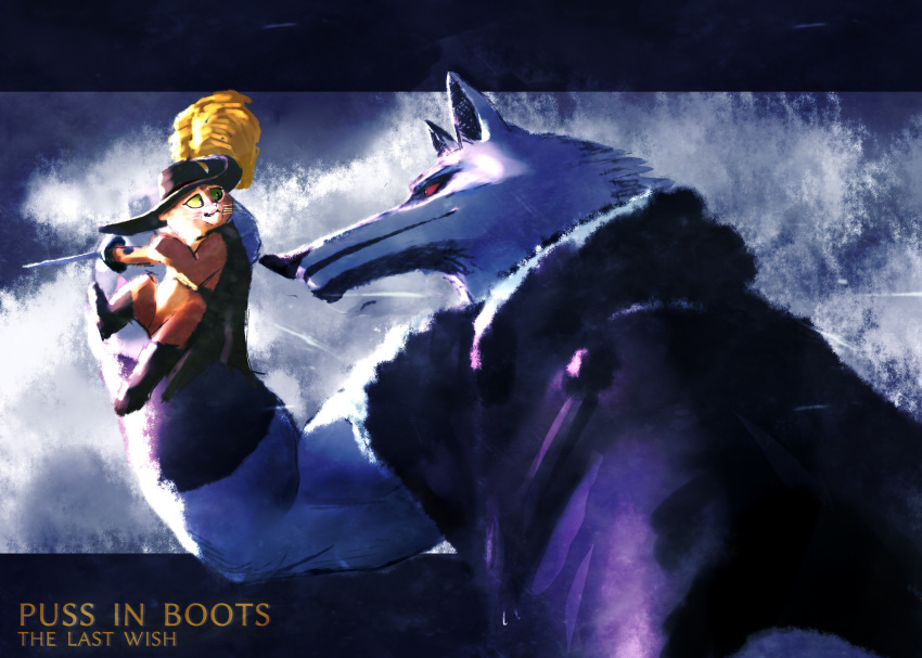 2024 anthro biceps black_nose boots canid canine canis cloak clothing colored death_(puss_in_boots) domestic_cat dreamworks duo english_text felid feline felis footwear fur green_eyes grey_body grey_fur hat headgear headwear hi_res holding_object holding_sword holding_weapon mammal melee_weapon no-zp orange_body orange_fur puss_in_boots_(character) puss_in_boots_(dreamworks) red_eyes sword text weapon wolf