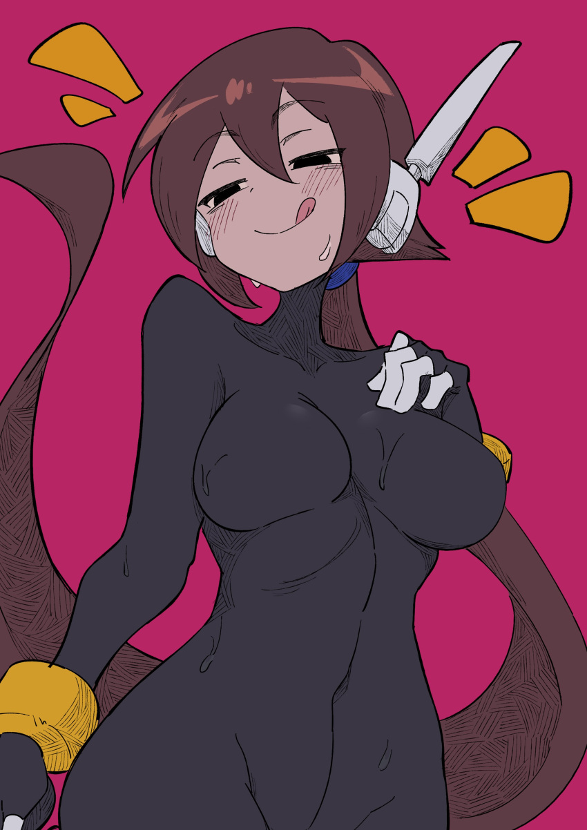 1girl absurdres aile_(mega_man_zx) black_bodysuit black_eyes blush bodysuit breasts brown_hair buzzlyears covered_collarbone covered_navel highres large_breasts licking_lips long_hair medium_breasts mega_man_(series) mega_man_zx mega_man_zx_advent no_pants no_shirt paid_reward_available pink_background ponytail robot_ears smile solo sweatdrop tongue tongue_out upper_body