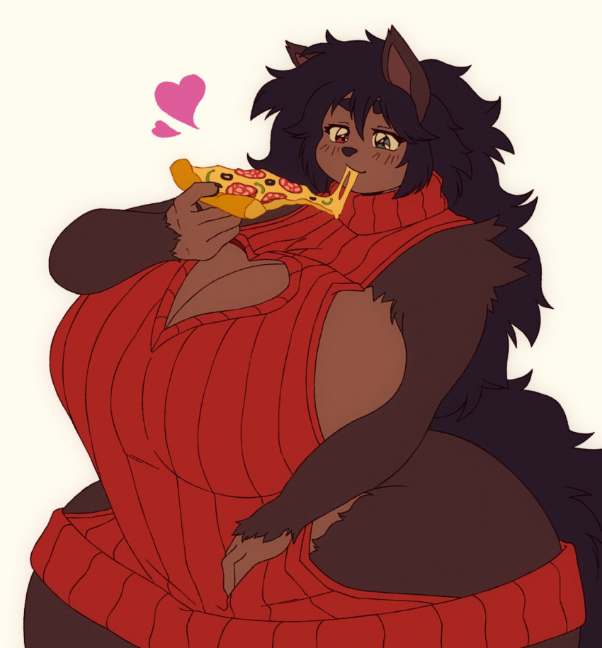 anthro big_breasts black_hair black_nose blush breasts brown_body brown_fur canid canine canis cheese cleavage clothed clothing curvy_figure dairy_products eating eating_food female fenrie_(fenrir_brown) fenrir_brown food fur green_eyes hair heterochromia hi_res holding_food holding_object holding_pizza huge_breasts long_hair mammal meme meme_clothing pepperoni pizza red_clothing red_eyes red_sweater red_topwear simple_background smile solo sweater thick_thighs topwear turtleneck virgin_killer_sweater voluptuous white_background wide_hips wolf