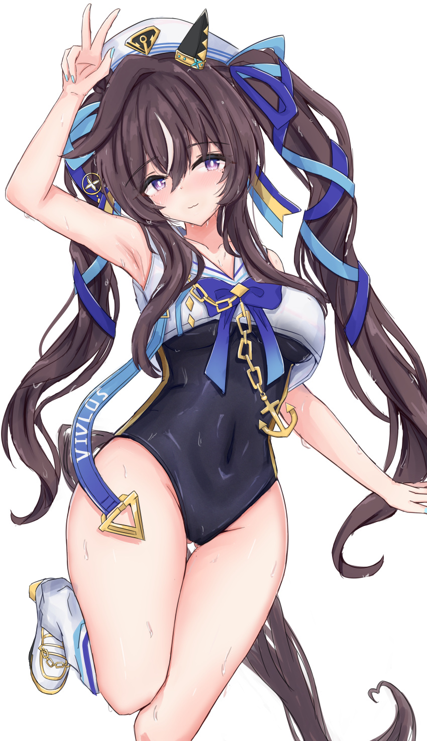 1girl absurdres animal_ears arm_up armpits black_one-piece_swimsuit blue_eyes blue_ribbon blush bright_pupils brown_hair cdsola covered_navel ear_covers highres horse_ears horse_girl long_hair looking_at_viewer multicolored_hair no_pants one-piece_swimsuit open_mouth ribbon single_ear_cover solo streaked_hair swimsuit twintails umamusume v vivlos_(umamusume) white_hair white_pupils