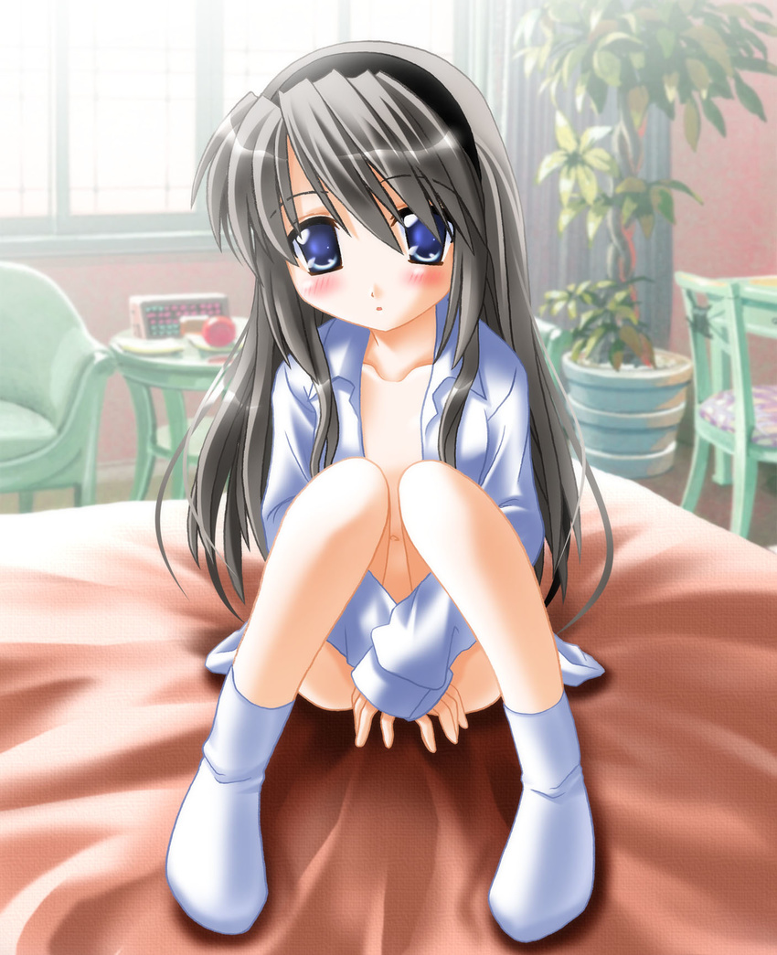 clannad highres open_clothes open_shirt otoki_raku sakagami_tomoyo shirt sitting socks solo