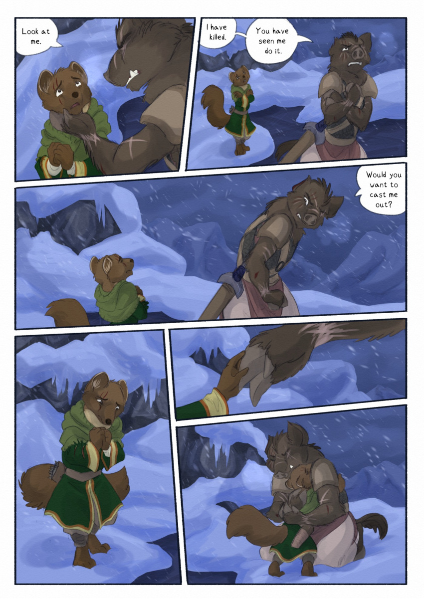 2024 anthro biped bjekkergauken brown_body brown_fur brown_tail clothed clothing colored comic dialogue dialogue_box duo embrace english_text fur green_clothing gulonine hand_on_head herja_(bjekkergauken) hi_res hug larger_anthro male mammal marten mustelid musteline outside pine_marten scar shirin_(bjekkergauken) size_difference smaller_anthro snow snowing speech_bubble suid suina sus_(pig) tail text wild_boar