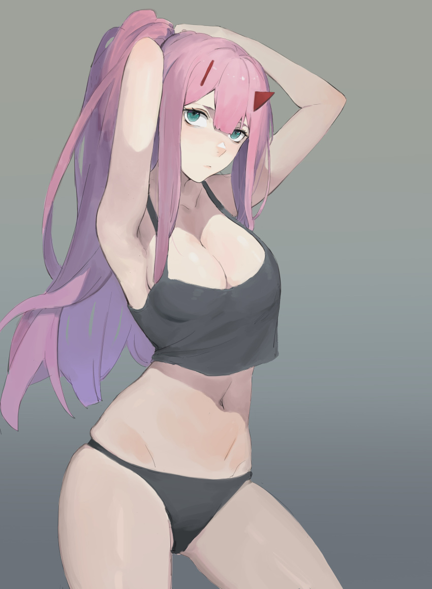 1girl absurdres adjusting_hair aqua_eyes armpits arms_up black_panties black_tank_top breasts cleavage closed_mouth collarbone cowboy_shot crop_top darling_in_the_franxx gradient_background green_eyes grey_background hands_in_hair highres horns large_breasts liudaohai6001 long_hair looking_at_viewer medium_breasts midriff navel panties pink_hair ponytail sidelocks simple_background solo standing stomach tank_top tying_hair underwear zero_two_(darling_in_the_franxx)