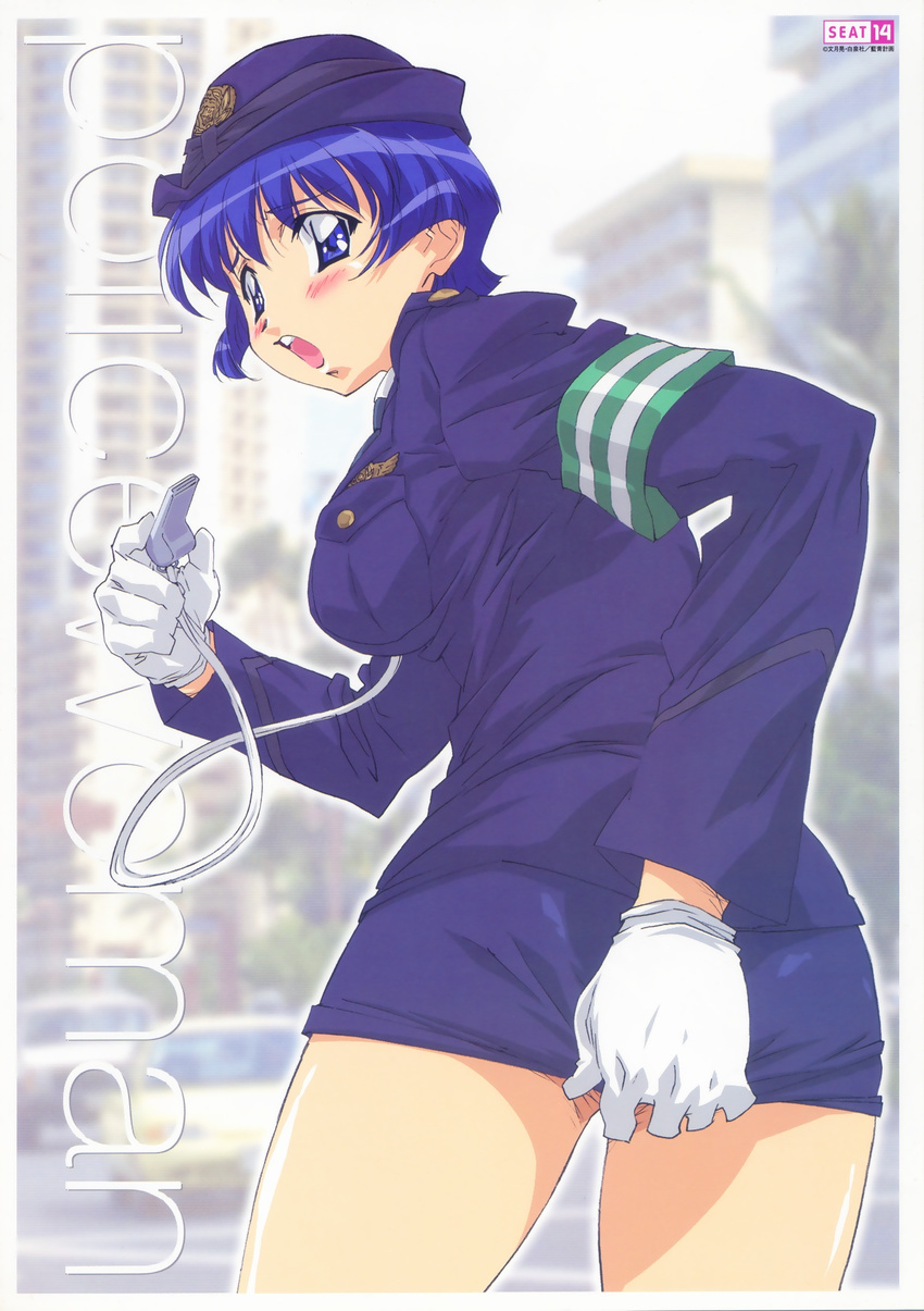 ai_yori_aoshi armband blue_eyes blue_hair blush from_behind gloves hasegawa_shin'ya hat highres looking_back miniskirt official_art open_mouth pencil_skirt police police_uniform sakuraba_aoi short_hair skirt skirt_pull solo uniform whistle