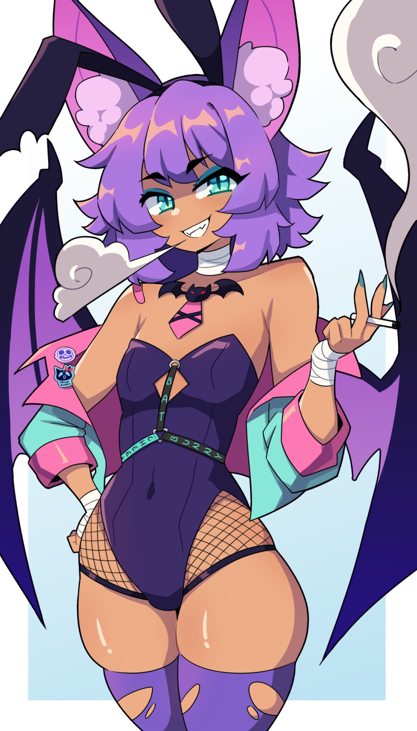 1girl absurdres animal_ear_fluff animal_ears aqua_eyes aqua_eyeshadow aqua_jacket aqua_nails bandaged_neck bandaged_wrist bandages bandaid bandaid_on_shoulder bat_ears bat_girl bat_wings black_leotard blue_background border cigarette daigada eyeshadow flat_chest hand_on_own_hip highres holding holding_cigarette jacket leotard looking_at_viewer makeup necktie original pantyhose pink_necktie pink_trim purple_hair purple_pantyhose sharp_teeth short_hair sidelocks smile smoke smoking solo strapless strapless_leotard teeth thick_thighs thighs torn_clothes torn_pantyhose white_background white_border wings