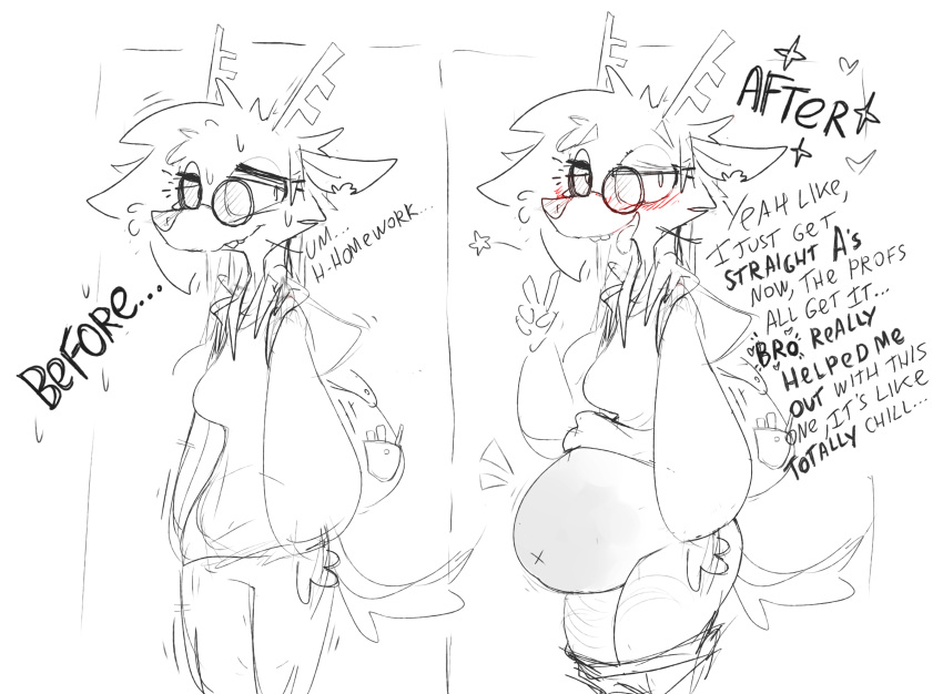anthro backpack before_and_after belly blush breasts clothing dialogue eyewear female gesture glasses hand_gesture hi_res hoodie horn navel pregnant roksim sketch solo tail topwear v_sign