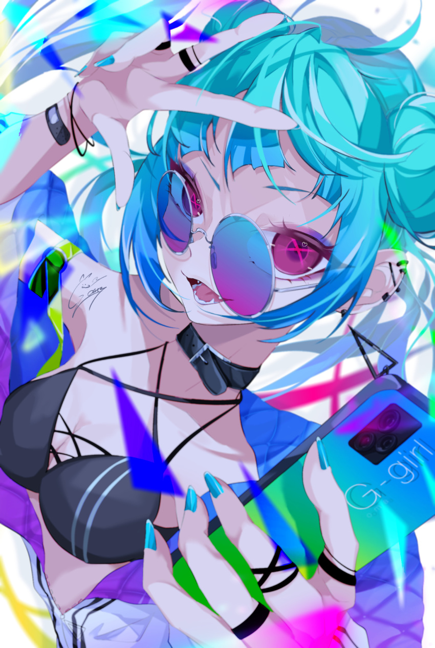1girl aqua_hair blush bracelet breasts double_bun earrings goma_irasuto hair_bun highres holding holding_phone jewelry long_hair looking_at_viewer open_mouth original phone pink_eyes ring signature simple_background smile solo sunglasses