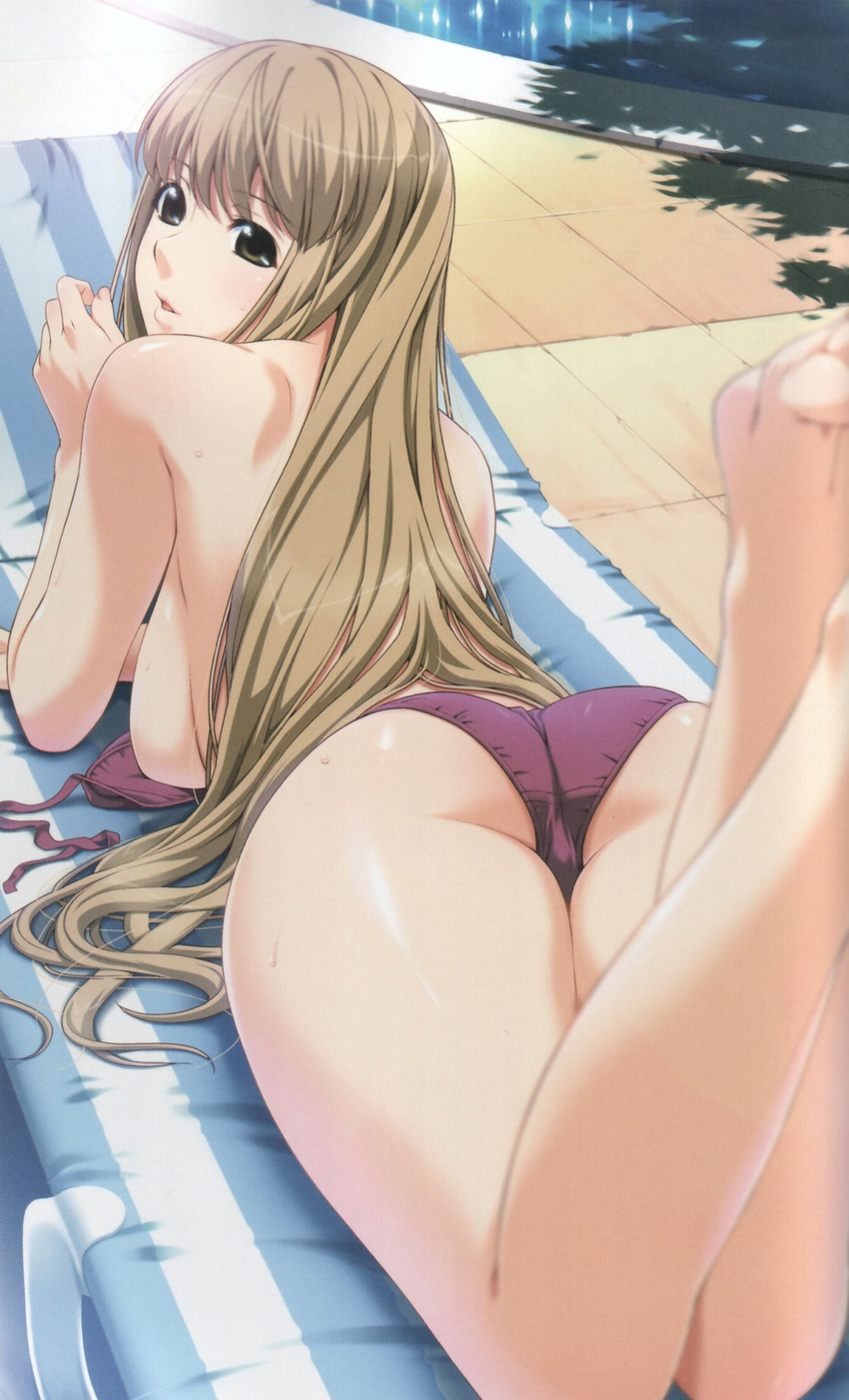 arm_support ass barefoot bikini bikini_top_removed blurry breasts brown_eyes chair curvy depth_of_field duplicate feet from_above from_behind highres ino kimihagu large_breasts legs legs_up light_brown_hair long_hair looking_back lounge_chair lying on_stomach parted_lips pool poolside pov_feet red_bikini sakurano_miren sideboob soles solo striped swimsuit the_pose toes topless tree_shade untied wide_hips