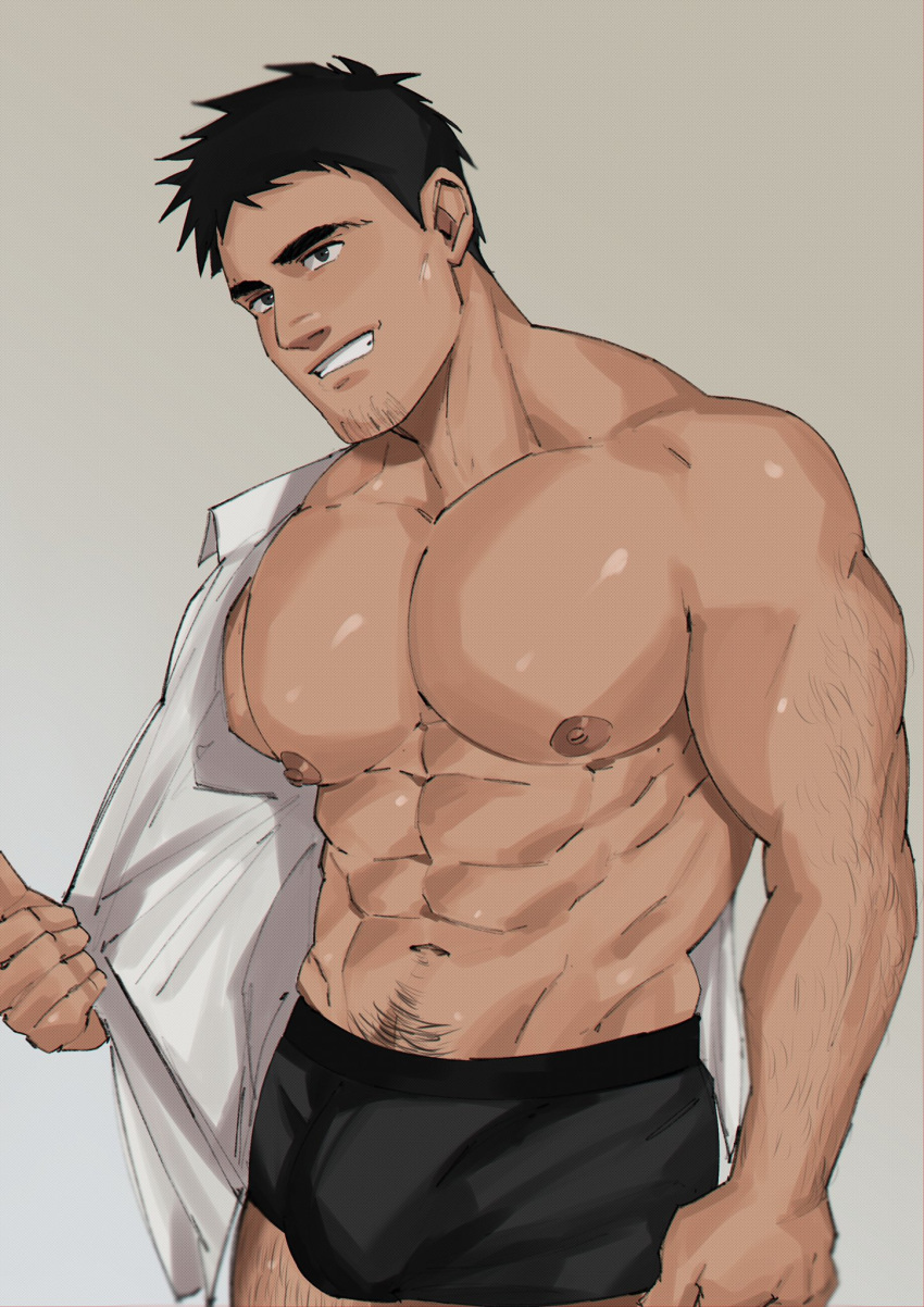 1boy abs bad_id bad_twitter_id bara bare_pectorals black_hair black_male_underwear boxers bulge cheekbones cowboy_shot facial_hair goatee_stubble grin highres kenny_(cainyourkids) large_pectorals looking_ahead male_focus male_underwear mature_male muscular muscular_male navel navel_hair nipples no_pants open_clothes open_shirt pectorals senpai_ga_uzai_kouhai_no_hanashi shirt_partially_removed short_hair sideburns smile solo standing stomach stubble takeda_harumi_(shiromanta) thick_arm_hair thick_eyebrows thick_leg_hair thick_navel_hair underwear